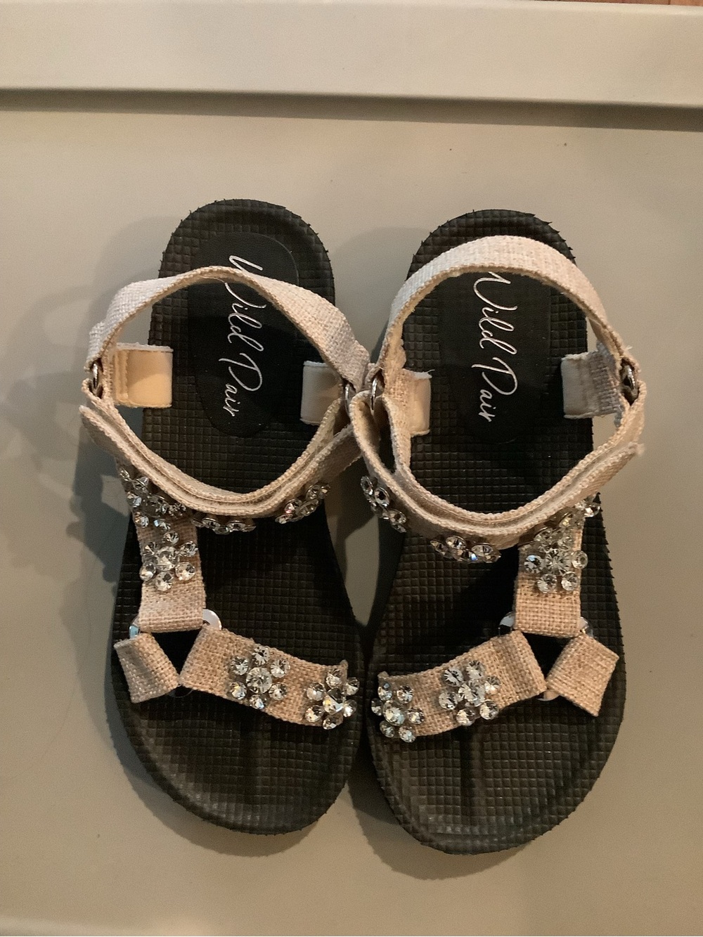 Wild Pair Beige Jeweled Strap Sandals with Black Footbed 8 Brand New